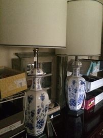 Two blue & white lamps