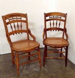2 Small Authentic Victorian Turned Oak Wood Chairs with hand woven cane seats