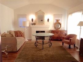 CUSTOM HIGH-END DESIGNER BEIGE SOFA 85" x 41" x 30" AND Exquisite High-End Designer Heavy Wrought Iron Table Base Beautiful Mediterranean Design 
Base: 38" x31.5" with Glass Top:  52" x 31.5"
