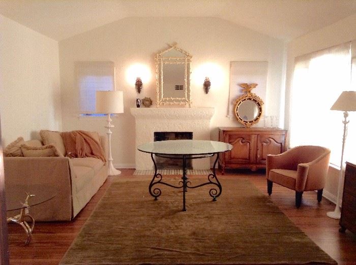 CUSTOM HIGH-END DESIGNER BEIGE SOFA 85" x 41" x 30" AND Exquisite High-End Designer Heavy Wrought Iron Table Base Beautiful Mediterranean Design 
Base: 38" x31.5" with Glass Top:  52" x 31.5"
