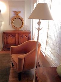 Antique Gold Gilt Federal Eagle Mirror, and Amber Mohair Armchair by Atelier International 31" x 25" x 31" Seat 16", and Giacometti Style 'TETE DE FEMME' Plaster Floor Lamp similar to the 1930's Lamp Alberto Giacometti designed for Jean-Michel Frank!  61"h
