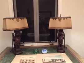 HAND-PAINTED DAGMAR LAMP SHADES WOOD CARVED LAMP STANDS