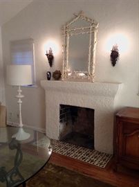 Turned Wood Cream Lacquer Floor Lamp and Shade  62"h AND Large Cream Lacquered Twig Mirror 29"x 50"b
