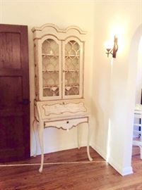 Antique French Louis the 16th Two-Piece Secretary Cream Faux Finish with Chinoiserie Scene in French Blue and Gold Detail
32" x 17" x 79"

