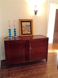 Nancy Corzine Walnut Buffet Classic Transitional Style - two drawers inside 54" x 8" x 22" x 34" AND Pair Turquoise Art Glass Lamps 22" x 5"

