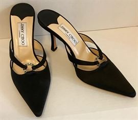 JIMMY CHOO BLACK SILK SATIN EVENING MULES WITH RHINESTONE DETAIL SIZE 8