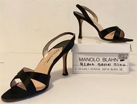 MANOLO BLAHNIK BLACK SATIN SLINGBACK SANDALS SIZE 7.5