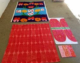 4 Various Vintage 1970’s Mari Memkko Textiles:
Blue Butterfly wall hanging 5'6"x4'5 Maija Isola "IBIR" MARIMIKKO OY SUOMI FINLAND 1972

Hot pink Indian inspired wall hanging 4' 3" x 4' Maija Isola "TANTSU" PRINTEX SUOMI

Hot pink arches rectangular wall hanging Mexican inspired no markings has a few brown spots 44" x 22"

Small hot pink zippered pillowcase 12" x 12"