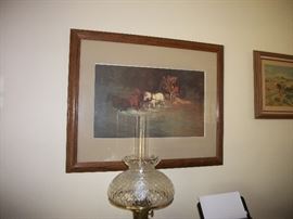 signed and numbered print, oil lamp