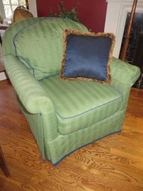 GREEN STRIPED CLUB CHAIR
WITH BLUE PIPING
