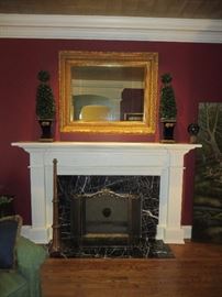 GOLD GILT WALL MIRROR
WITH GREEK ANTHEMION DECORATED SHALLOW FRAME  BOXWOOD TOPIARIES (PAIR)

