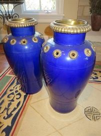 COBALT URNS WITH BRASS ACCENTS (PAIR)
