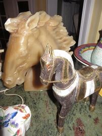 CARVED WOODEN HORSE FIGURINE W/ MOTHE ROF PEARL   /  HORSE HEAD CANDLE

