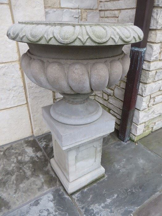 LARGE STONE URN ON PEDESTAL
MADE IN ENGLAND
