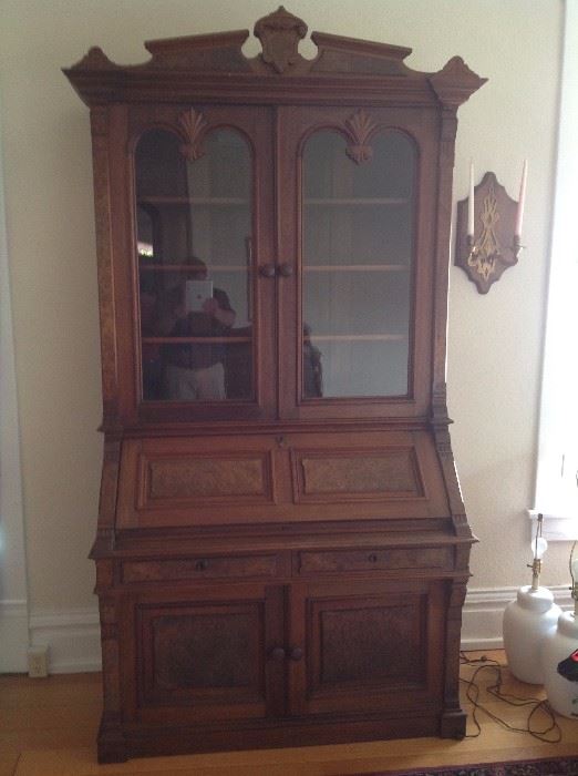 Victorian Secretaire Bookcase, Burled Walnut