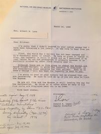 Letter from National Air and Space Museum regarding return of Art to wife of artist.