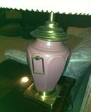 One of 2 brass and mauve lamps