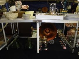 elegant glassware, pottery bowls, art glass console bowl, 2 green glass shades w/hurricane globes