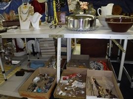 Costume jewelry, covered cake plate, pottery bowls