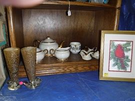 retro candlesticks. gold rimmed tea set