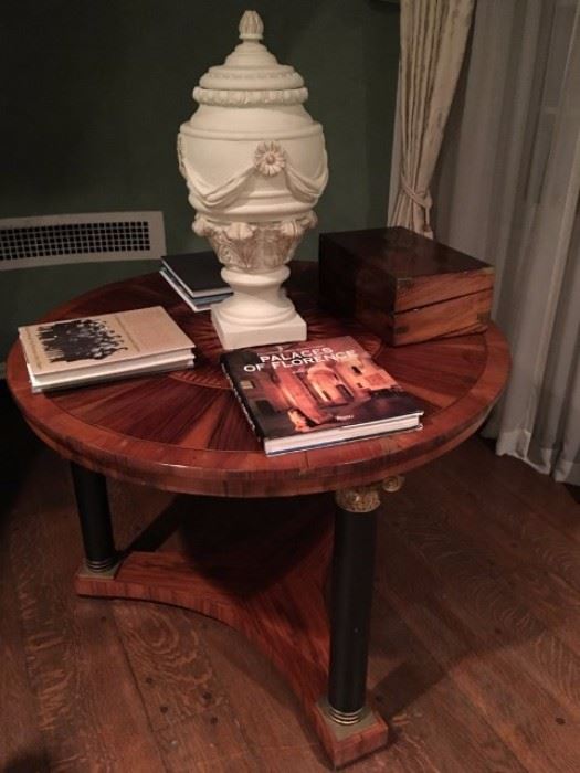 Round Wood Inlaid Side Table, Decorative Urn