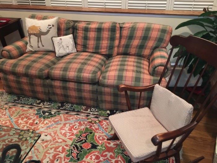Sofa, Rocking Chair, decorative Pillows and Rug