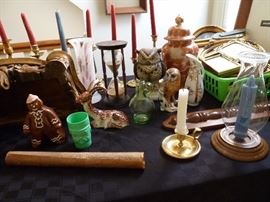 Owls, sand timer, candlesticks and brass candlestick holders, ginger bread man, Captain Kangaroo, Declaration of Independence, frames and mroe