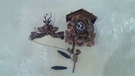 West Germany Wood Cuckoo Clock Carved Deer Rifles Rabbit Bird hunting