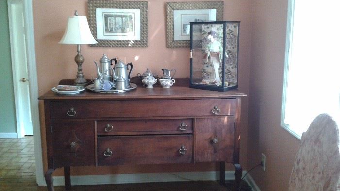 Antique Sideboard, Pewter Tea Service, Geisha Display