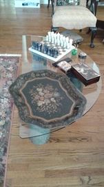 Half circle coffee table. Nice tray.