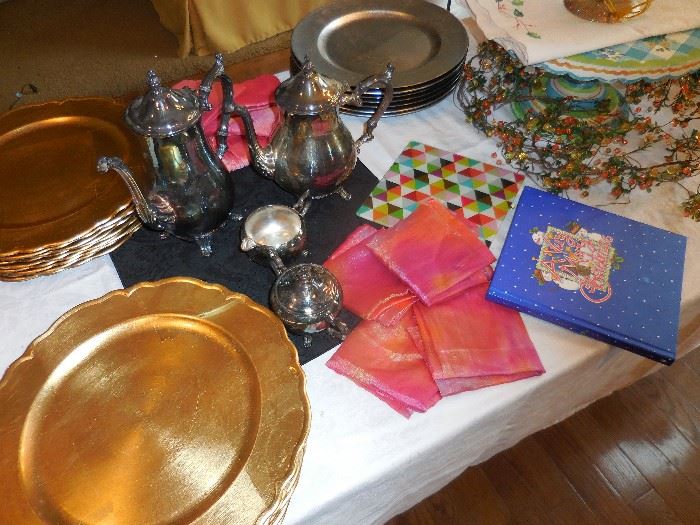 Gold Chargers (Some SOLD), Frilly Napkins, Silver Plate Coffee Set