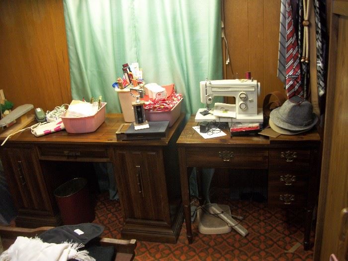 2 sewing cabinets, nice sewing machine, some of the men's hats and ties