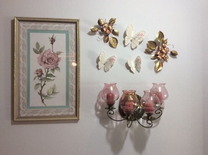 Home Interior grouping - butterfly's, metal dogwood flower & leaves, and metal sconce with candle holders, rose picture