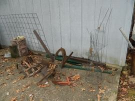 old milk crates, metal items, tomato cages