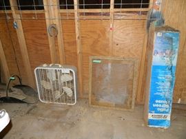 fan, window, screen house, wood holder