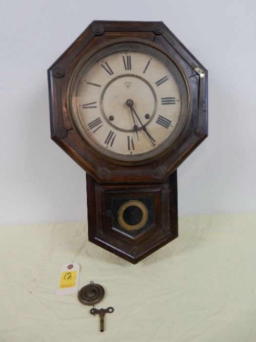 Antique Wall Clock, Trademark W, 22"x14", with key and pendulum