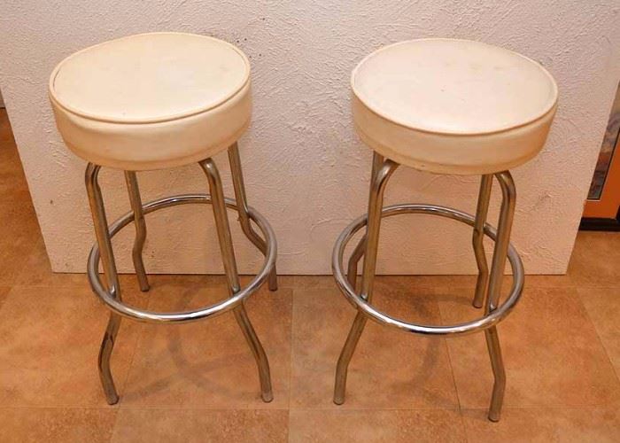Pair of Vintage Chrome & Vinyl Bar Stools (Measures approx. 30" high. Very Good Condition with Some Discoloration)