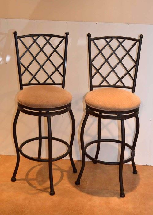 Set of 4 (only 2 shown) Wrought Iron Bar Stools (Measures approx. 44.5" high at back, 29" high at seat. Very Good Condition)