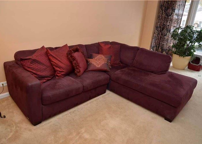 Purple 2 Piece Sectional (Smaller section measures 53" long, longer section measures 80" long, Both are 37" deep and 30" high at the back, 16" high at the seat. Good Condition)