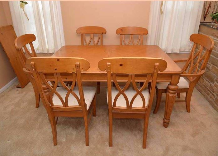 Wood Dining Table with 6 Chairs & 1 Leaf, (Measures approx. 60" long x 42" wide x 30" high, leaf measures 18" wide. Good Condition with Some Scratches, Upholstery Needs Cleaning)
