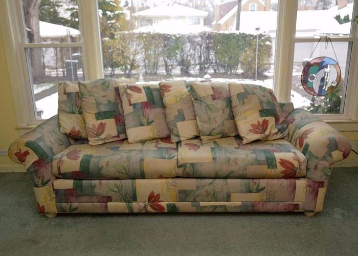 Contemporary Floral Upholstered Sofa (Measures approx. 8' long x 35" deep x 27.5" high at the back. Good Condition)
