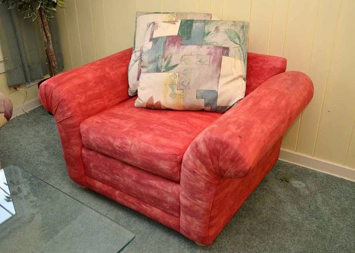Contemporary Red Upholstered Armchair (Measures approx. 48" long x 35" deep x 27.5" high at the back. Very Good Condition)