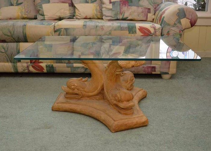 Asian Dolphin Base Coffee Table with Ceramic Base & Glass Top (Measures approx. 40" long x 28" wide x 17.25" high. Very Good Condition)