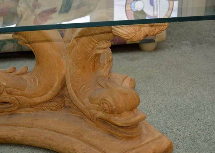 Asian Dolphin Base Coffee Table with Ceramic Base & Glass Top (Measures approx. 40" long x 28" wide x 17.25" high. Very Good Condition)