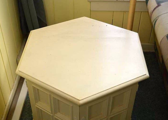 Shabby Chic Ivory Painted Hexagonal Cabinet Side Table