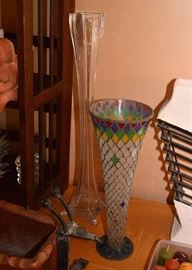 Tall Clear Swung Glass Vase & Mosaic Glass Vase
