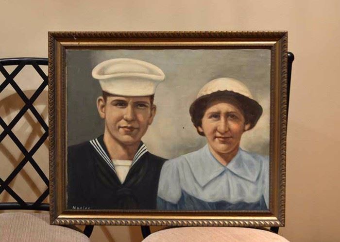 Vintage Framed Portrait Painting of a Sailor & His Mother