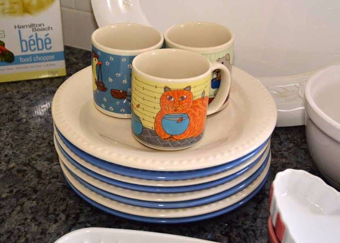 Set of 8 Blue & White Plates, Coffee Mugs