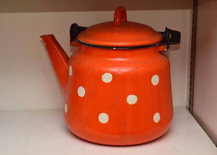 Vintage Orange Polka Dot Enamel Tea Kettle (Dutch)