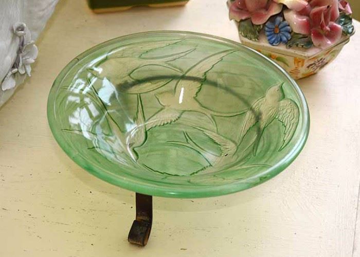 Green Glass Centerpiece Bowl with Iron Stand